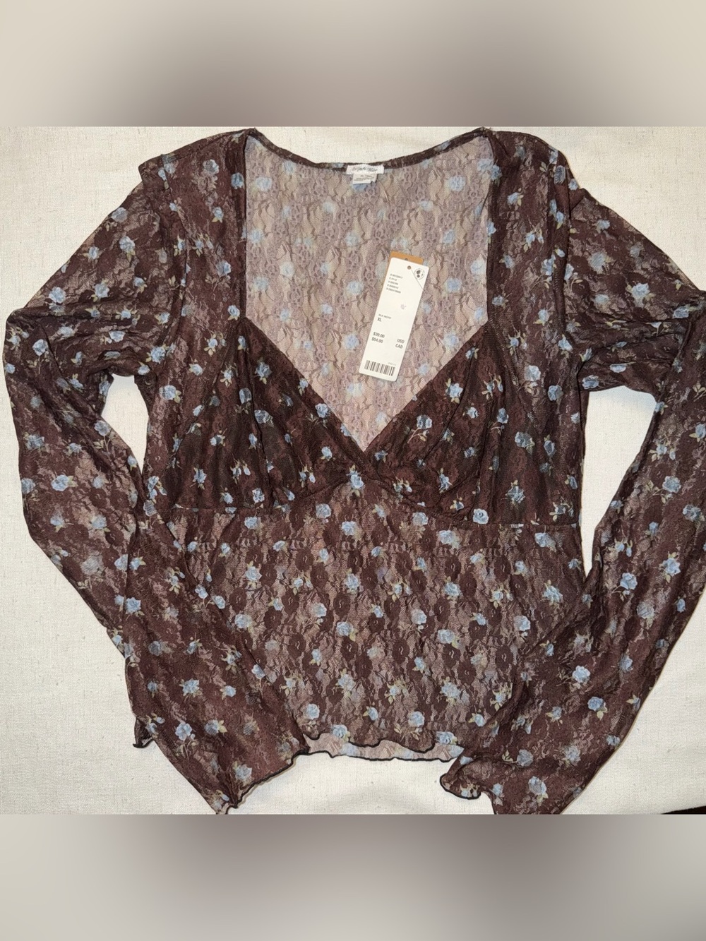 Urban Outfitters Kimchi Blue Brown Lace V-Neck Top with Blue Floral Accents NWT